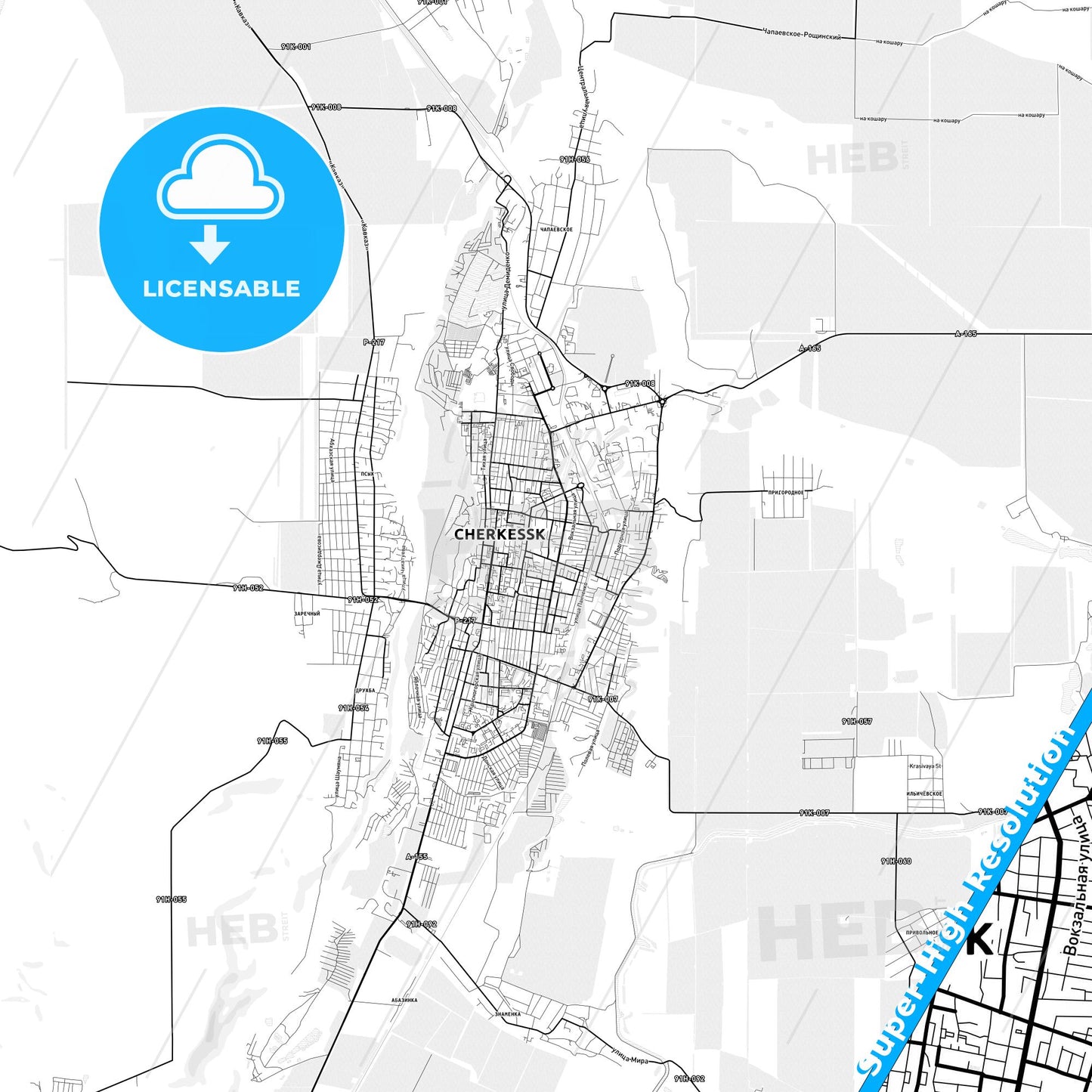 Cherkessk, Russia light map with streetnames, citynames and districts