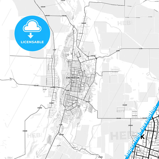Cherkessk, Russia light map with streetnames, citynames and districts