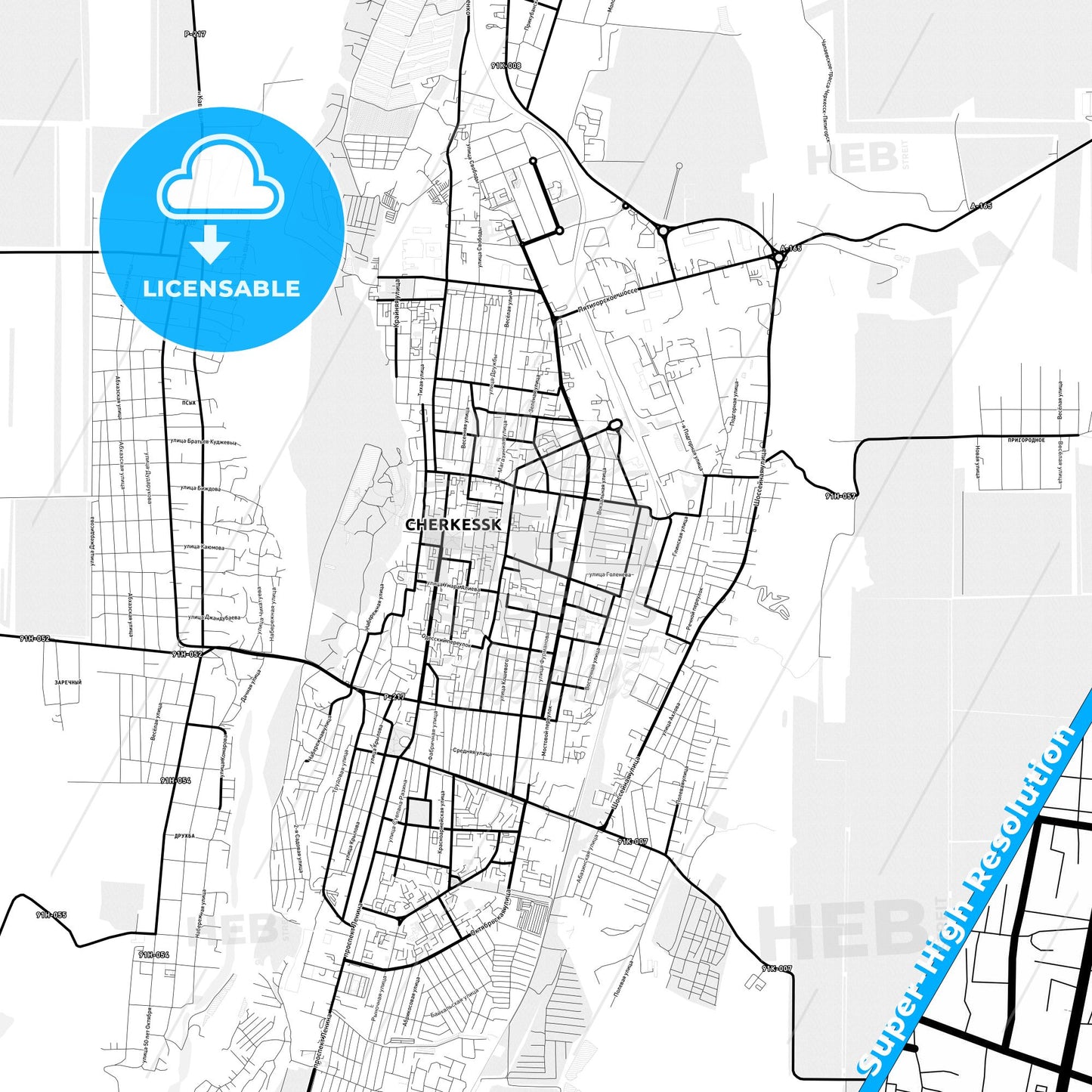 Cherkessk, Russia Light Map with Street Names, City Names, and Districts