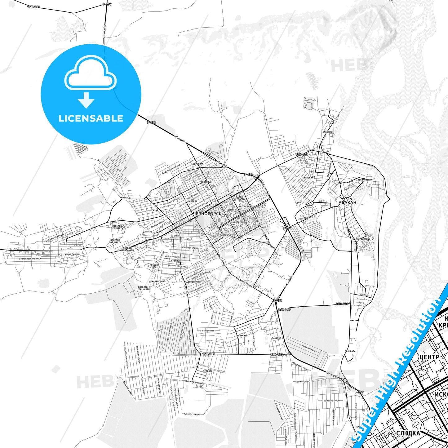 Chernogorsk, Russia light map with streetnames, citynames and districts