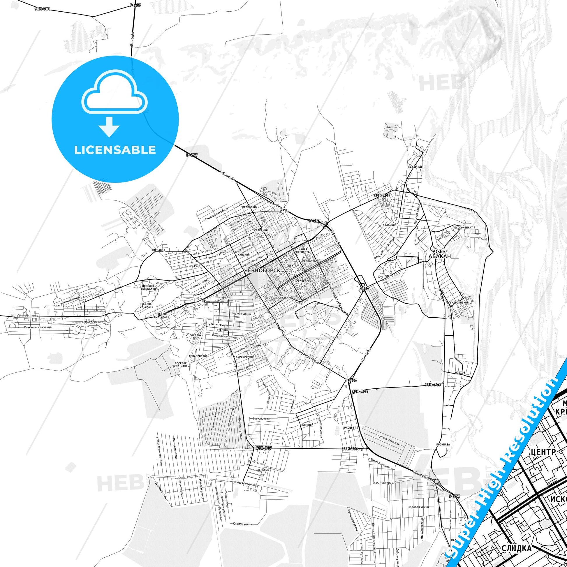 Chernogorsk, Russia light map with streetnames, citynames and districts
