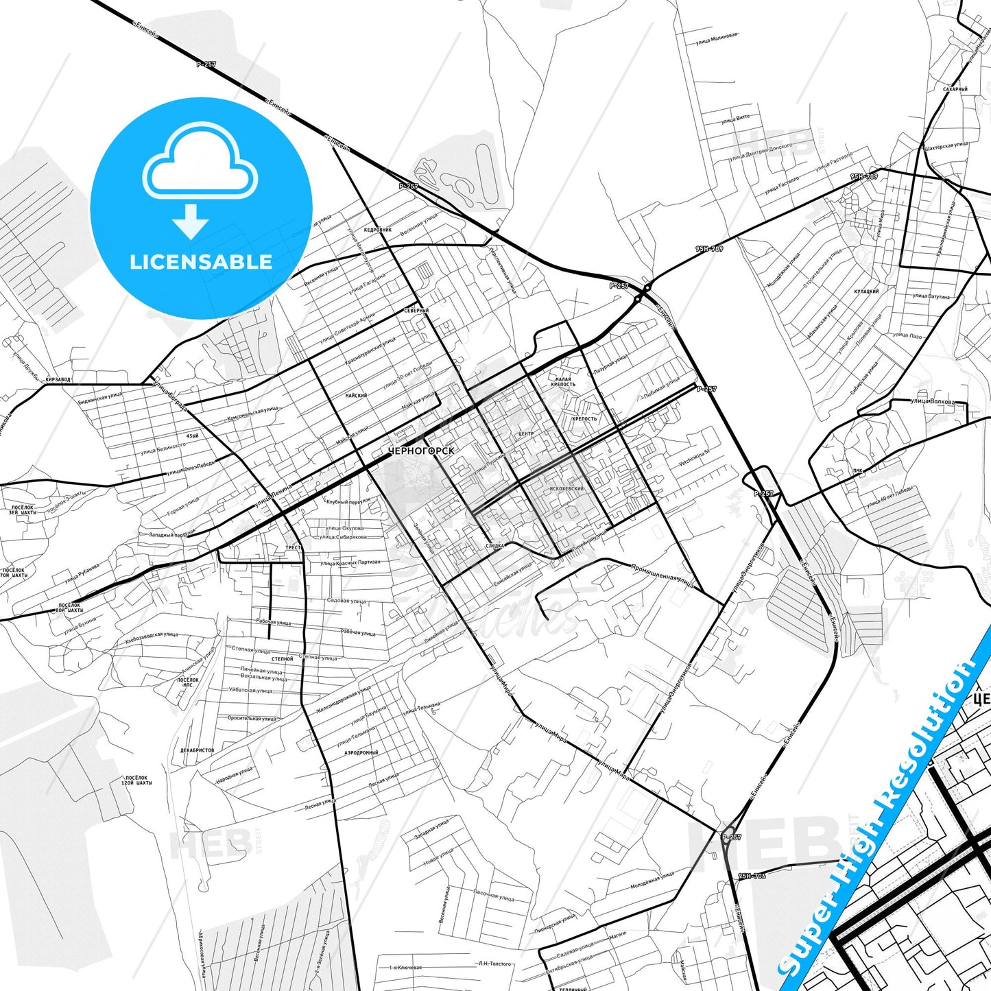 Chernogorsk, Russia Light Map with Street Names, City Names, and Districts