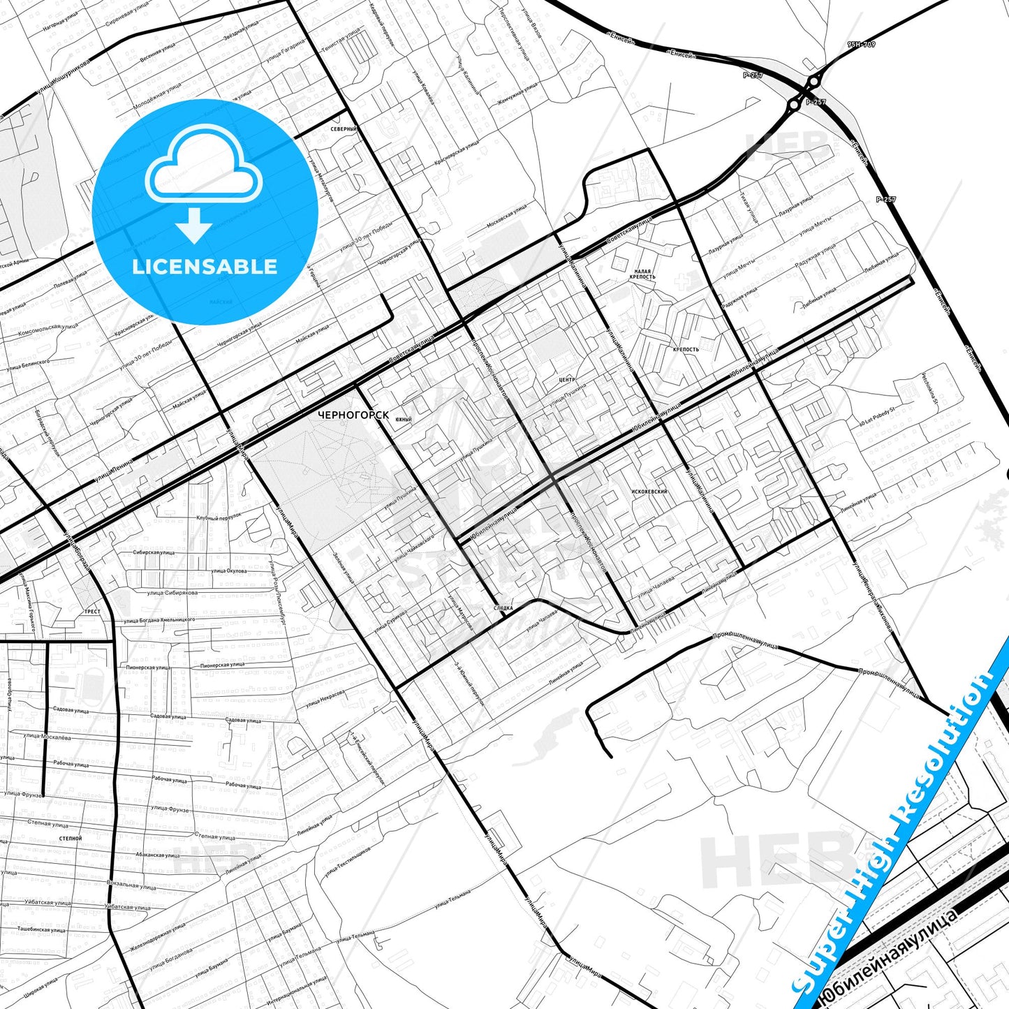 Chernogorsk, Russia Light Map with Street Names, City Names, and Districts