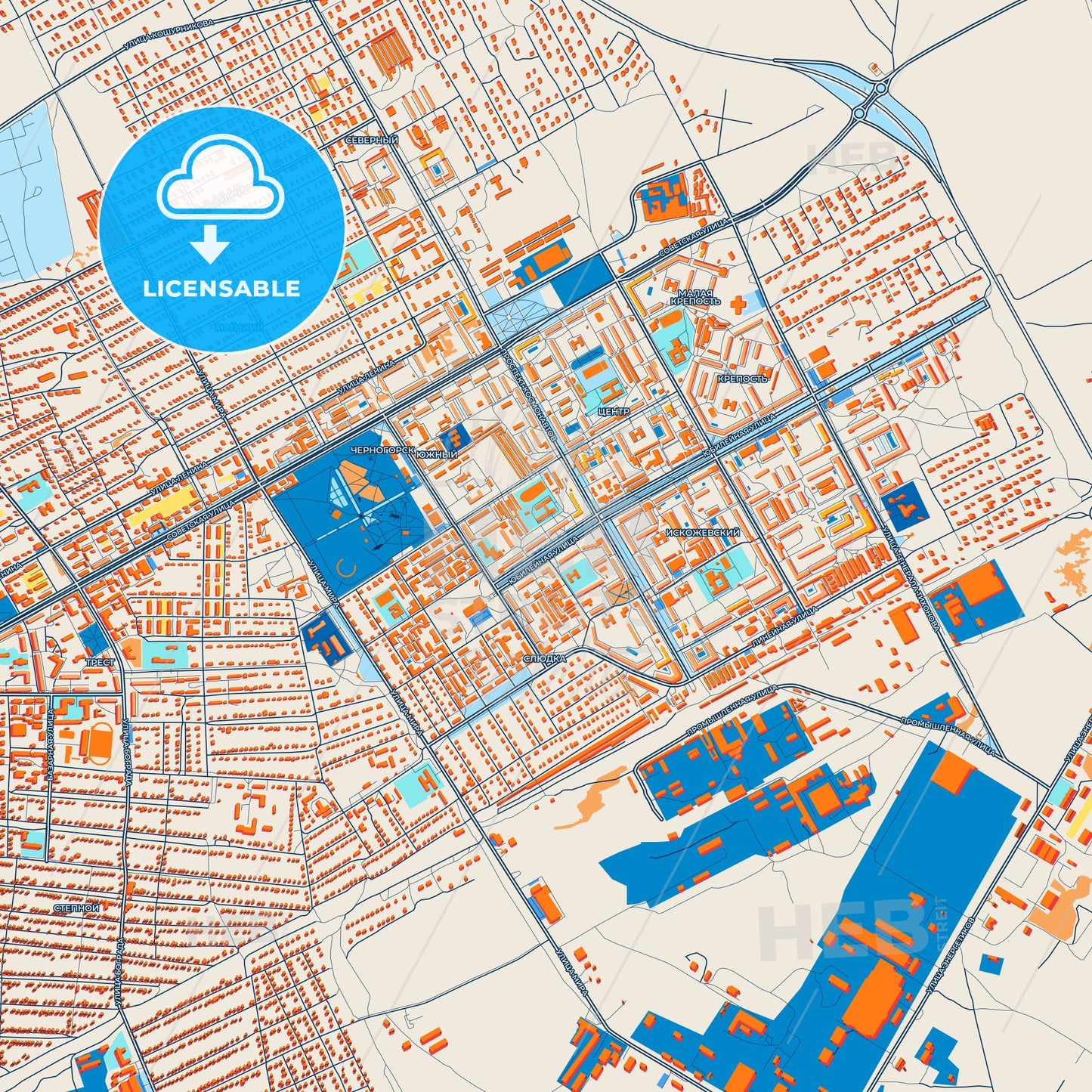 Colorful Chernogorsk Street Map with Labels and Buildings