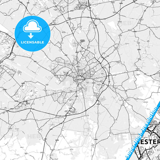 Chester, England light map with streetnames, citynames and districts