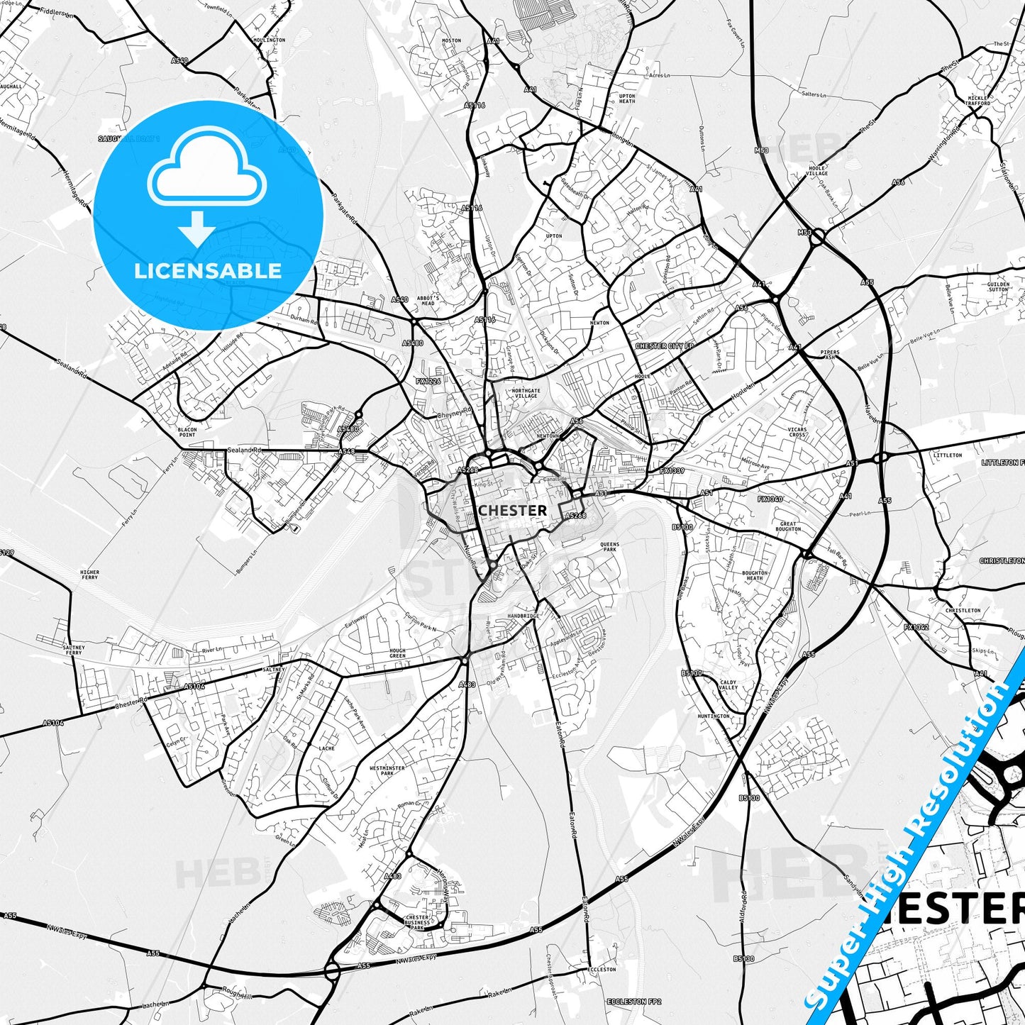 Chester, England Light Map with Street Names, City Names, and Districts