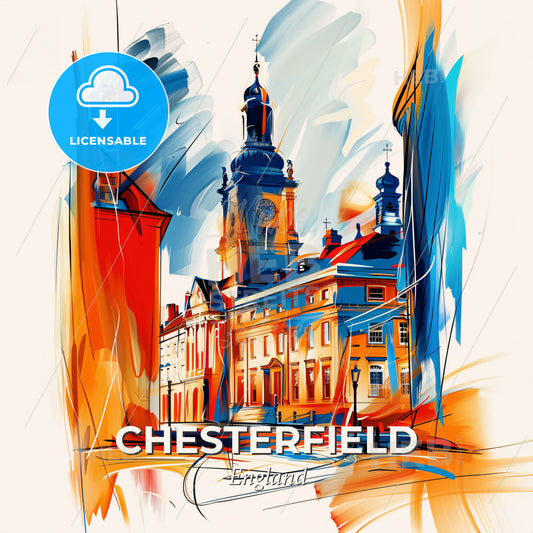 Vibrant Chesterfield, England - A Painting Of A Building With A Clock Tower - Square format print template