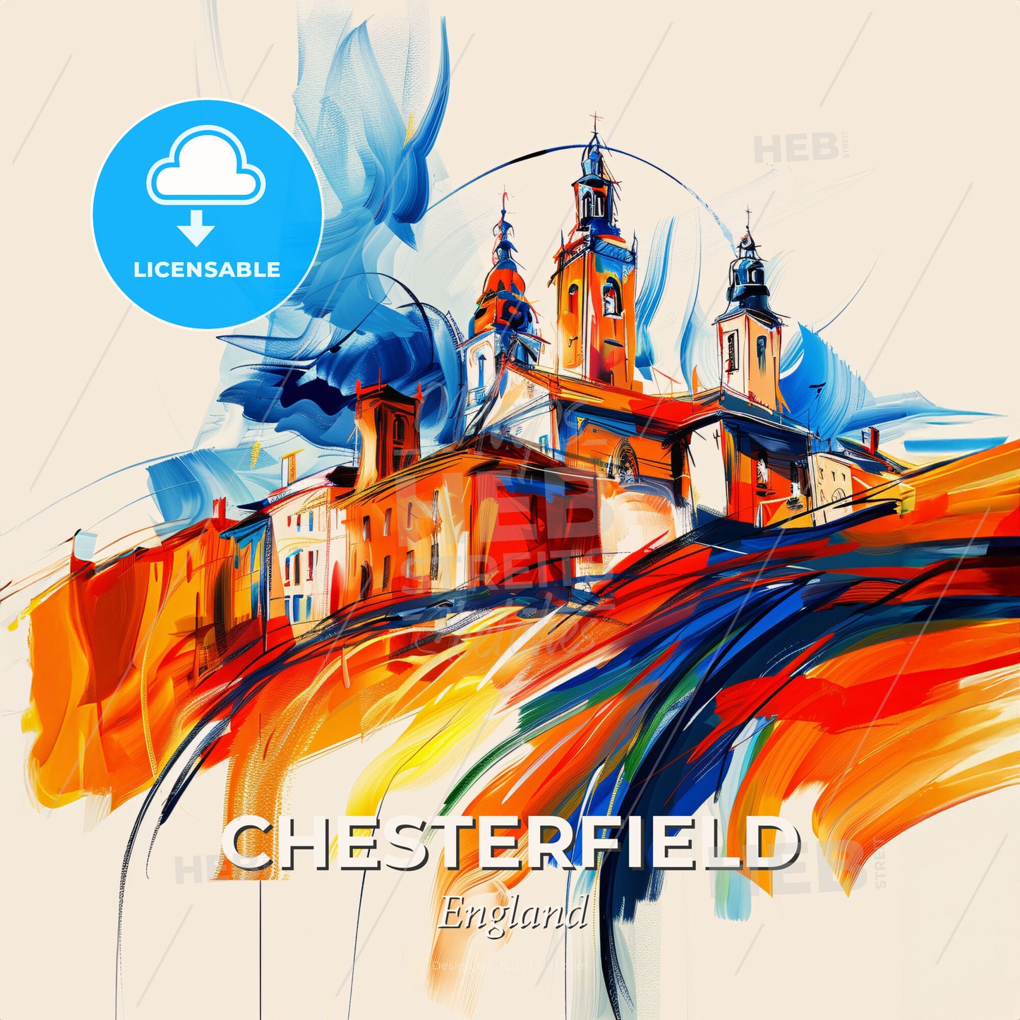Vibrant Chesterfield, England - A Painting Of A Building With Towers And A Blue And Orange Paint - Square format print template