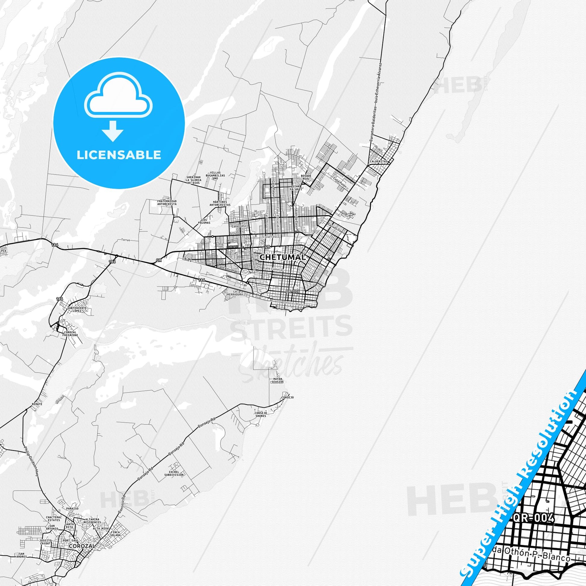 Chetumal, Mexico light map with streetnames, citynames and districts