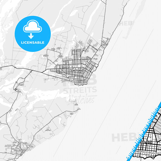 Chetumal, Mexico light map with streetnames, citynames and districts