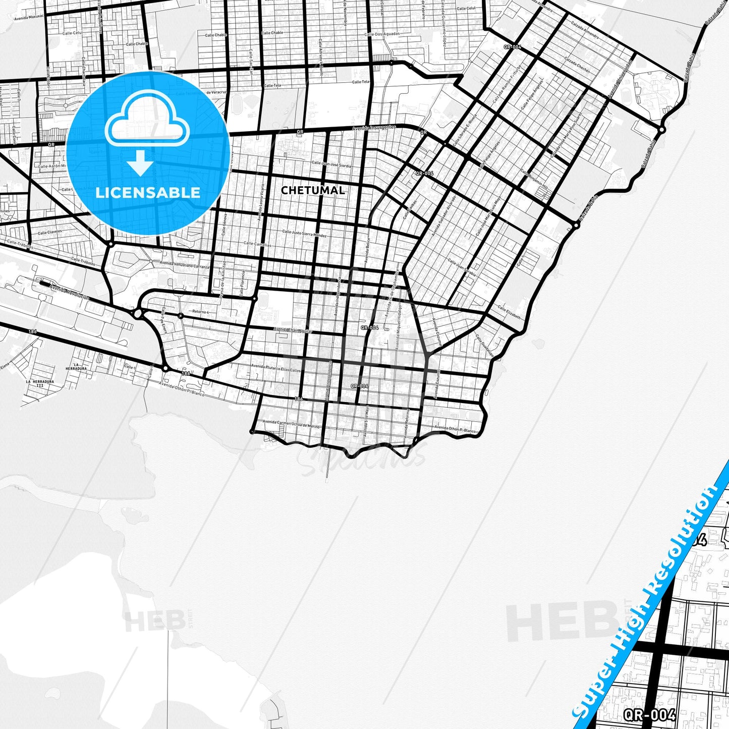 Chetumal, Mexico Light Map with Street Names, City Names, and Districts