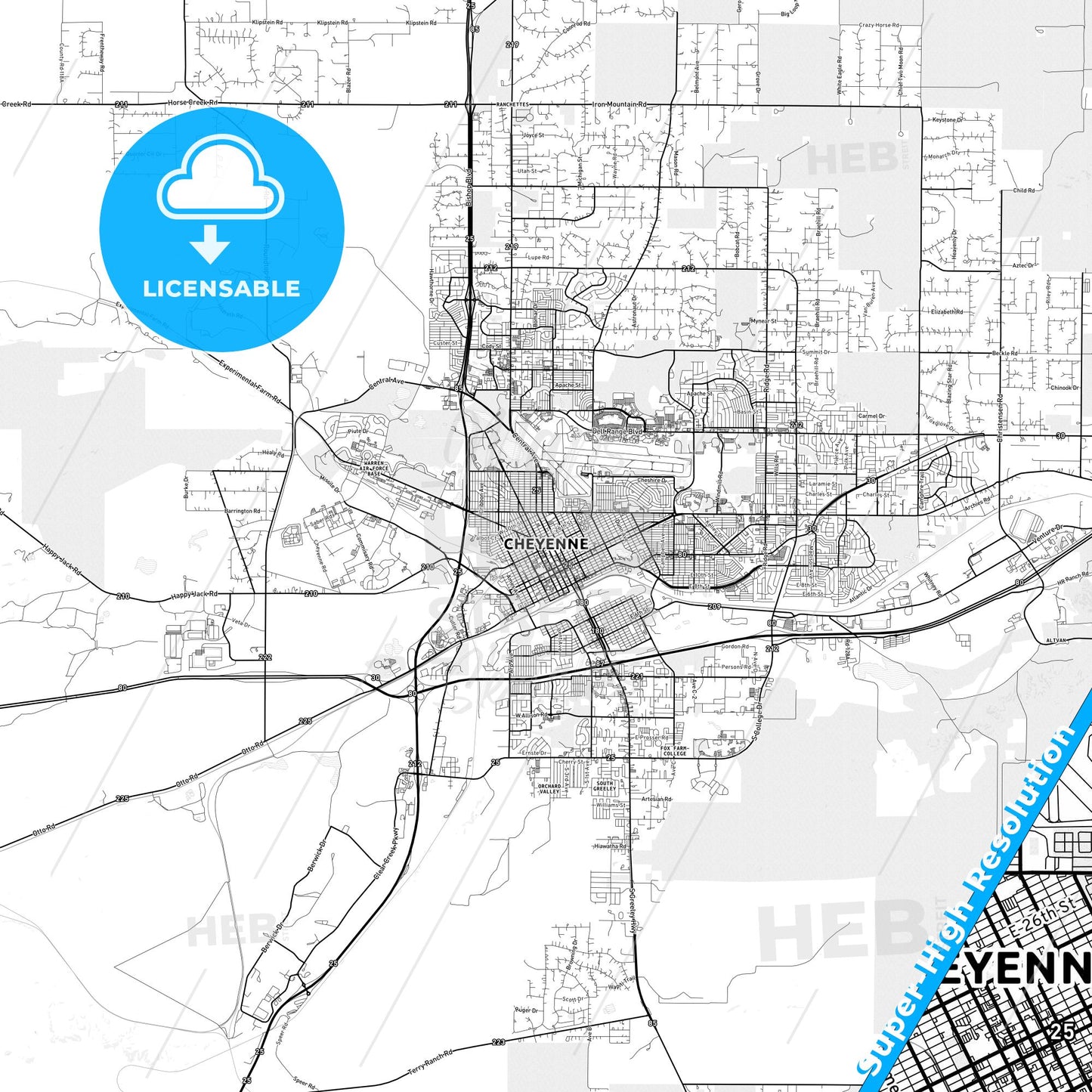Cheyenne, Wyoming light map with streetnames, citynames and districts