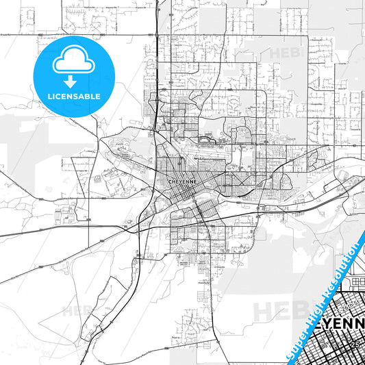 Cheyenne, Wyoming light map with streetnames, citynames and districts
