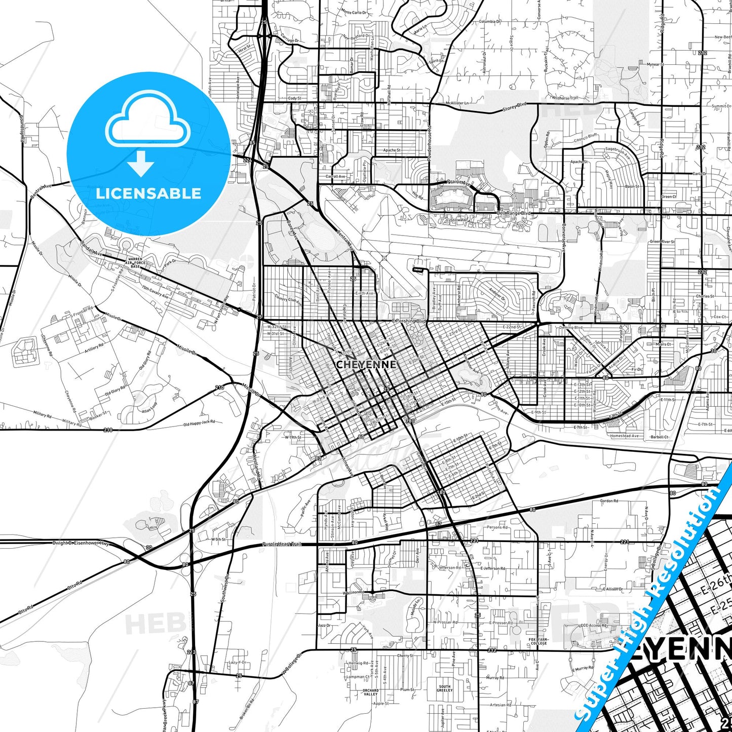 Cheyenne, Wyoming Light Map with Street Names, City Names, and Districts