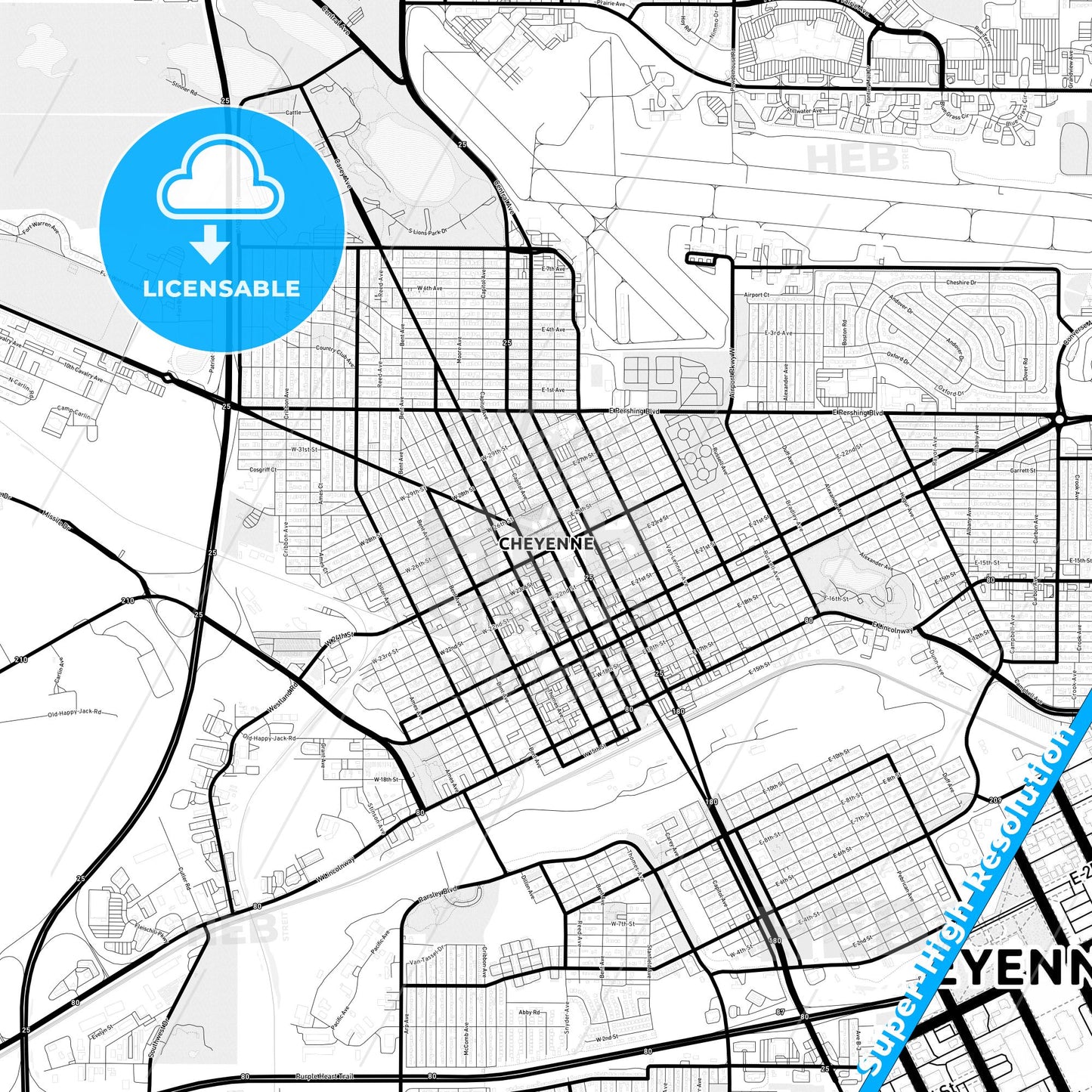 Cheyenne, Wyoming Light Map with Street Names, City Names, and Districts