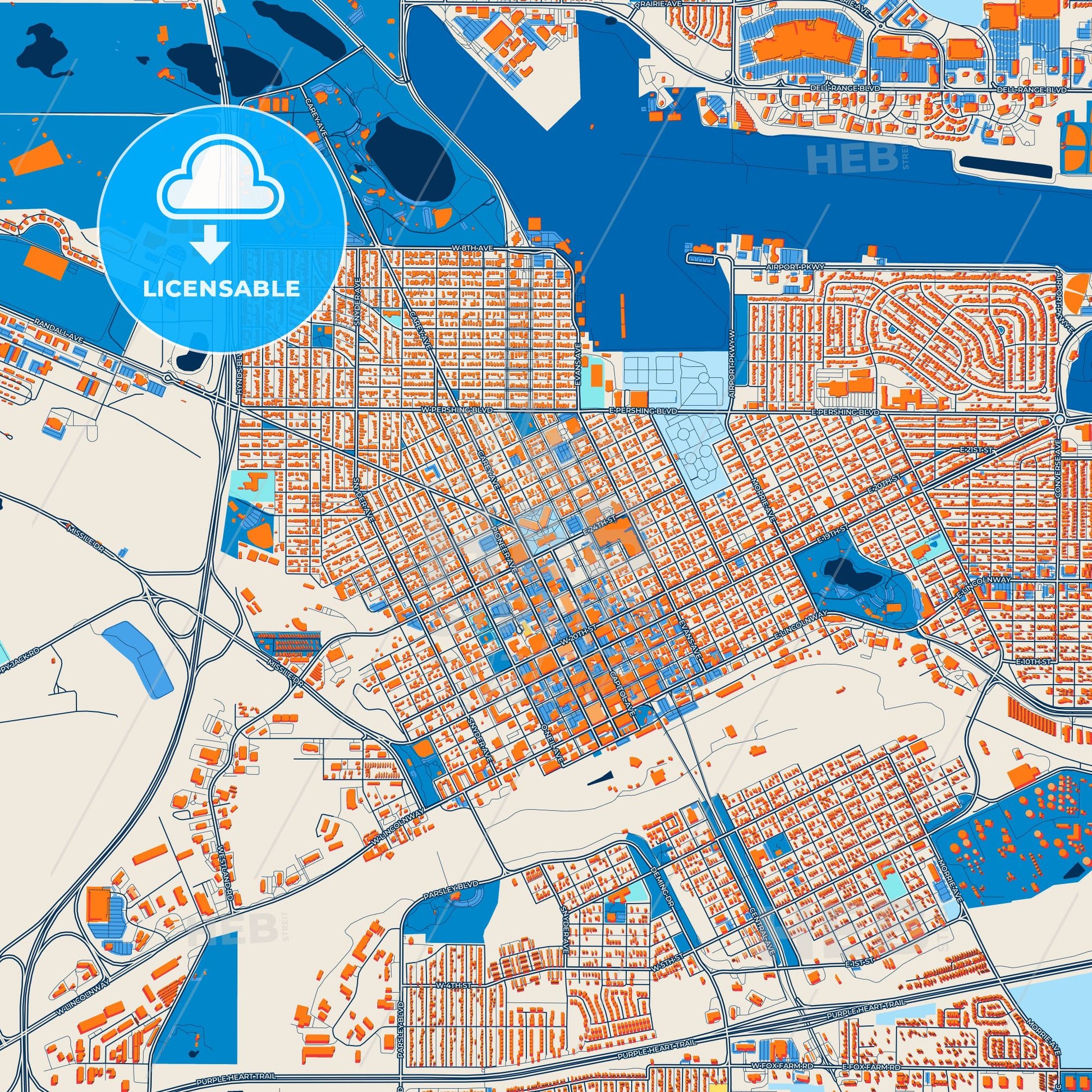Colorful Cheyenne Street Map with Labels and Buildings