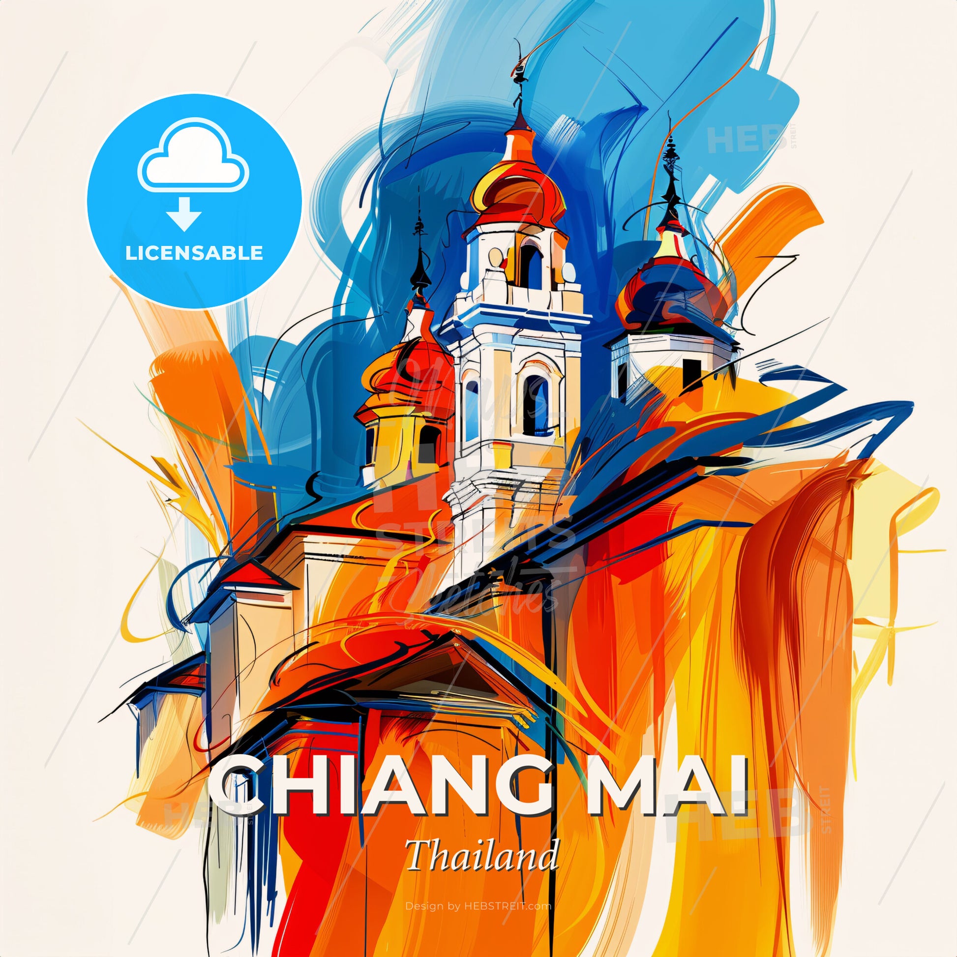 Vibrant Chiang Mai, Thailand - A Painting Of A Building With Towers - Square format print template