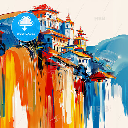 Vibrant Chiang Mai, Thailand - A Painting Of A Building On A Cliff