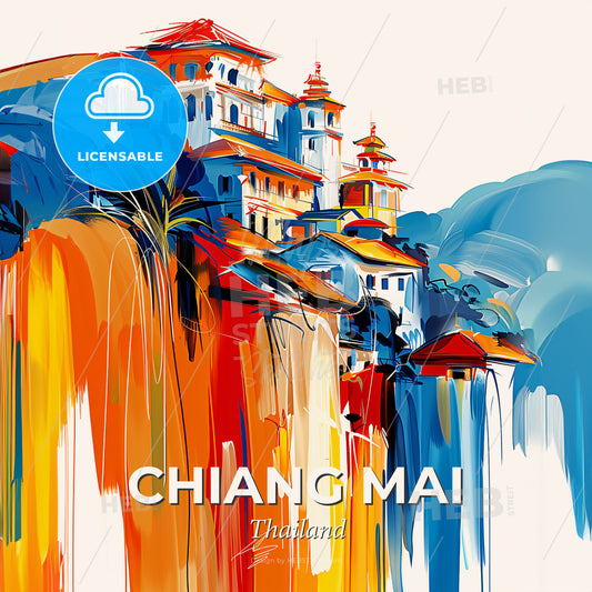 Vibrant Chiang Mai, Thailand - A Painting Of A Building On A Cliff - Square format print template