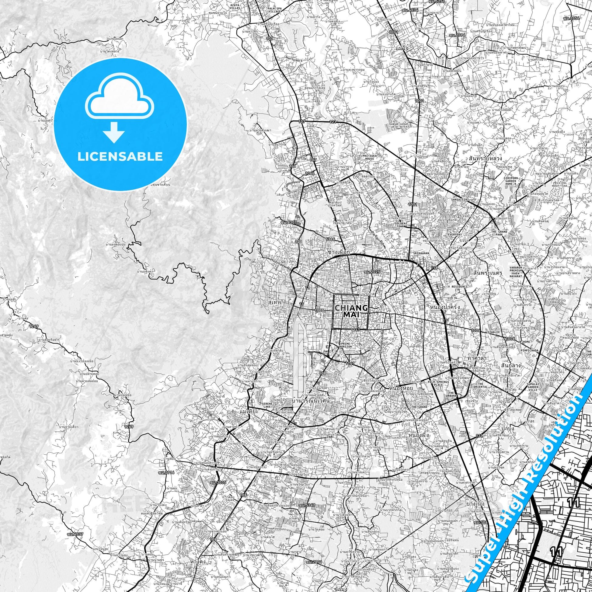 Chiang Mai, Thailand light map with streetnames, citynames and districts