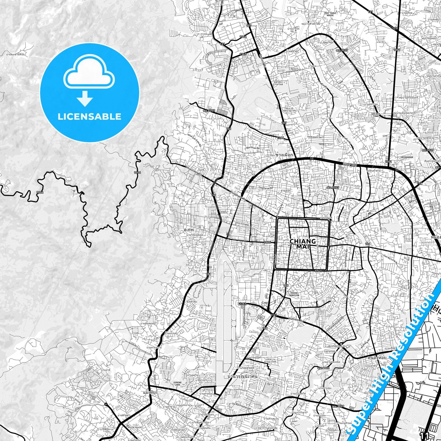 Chiang Mai, Thailand Light Map with Street Names, City Names, and Districts