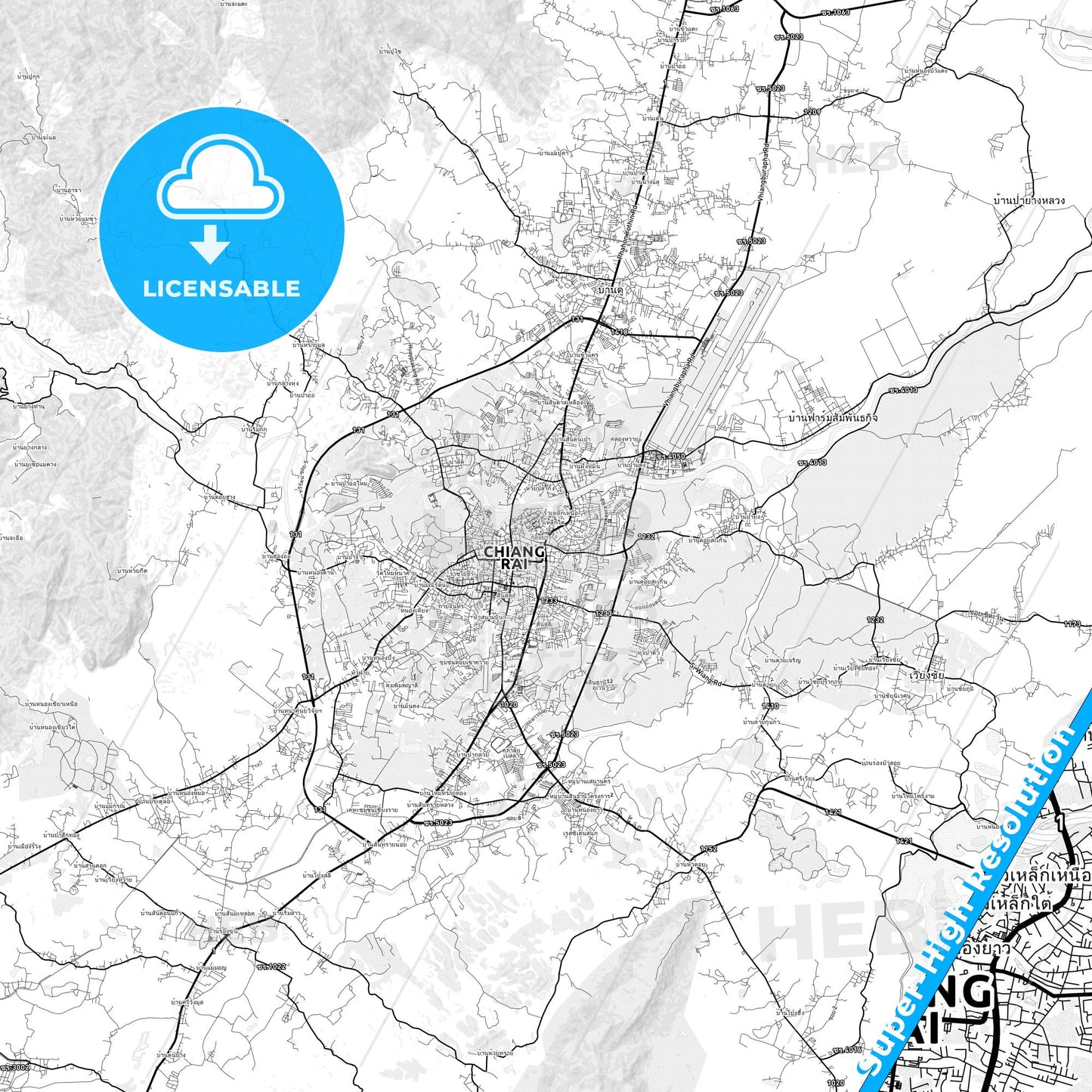 Chiang Rai, Thailand light map with streetnames, citynames and districts