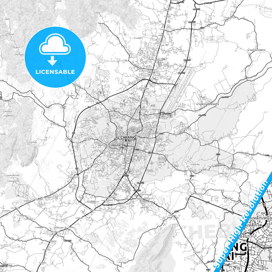 Chiang Rai, Thailand light map with streetnames, citynames and districts