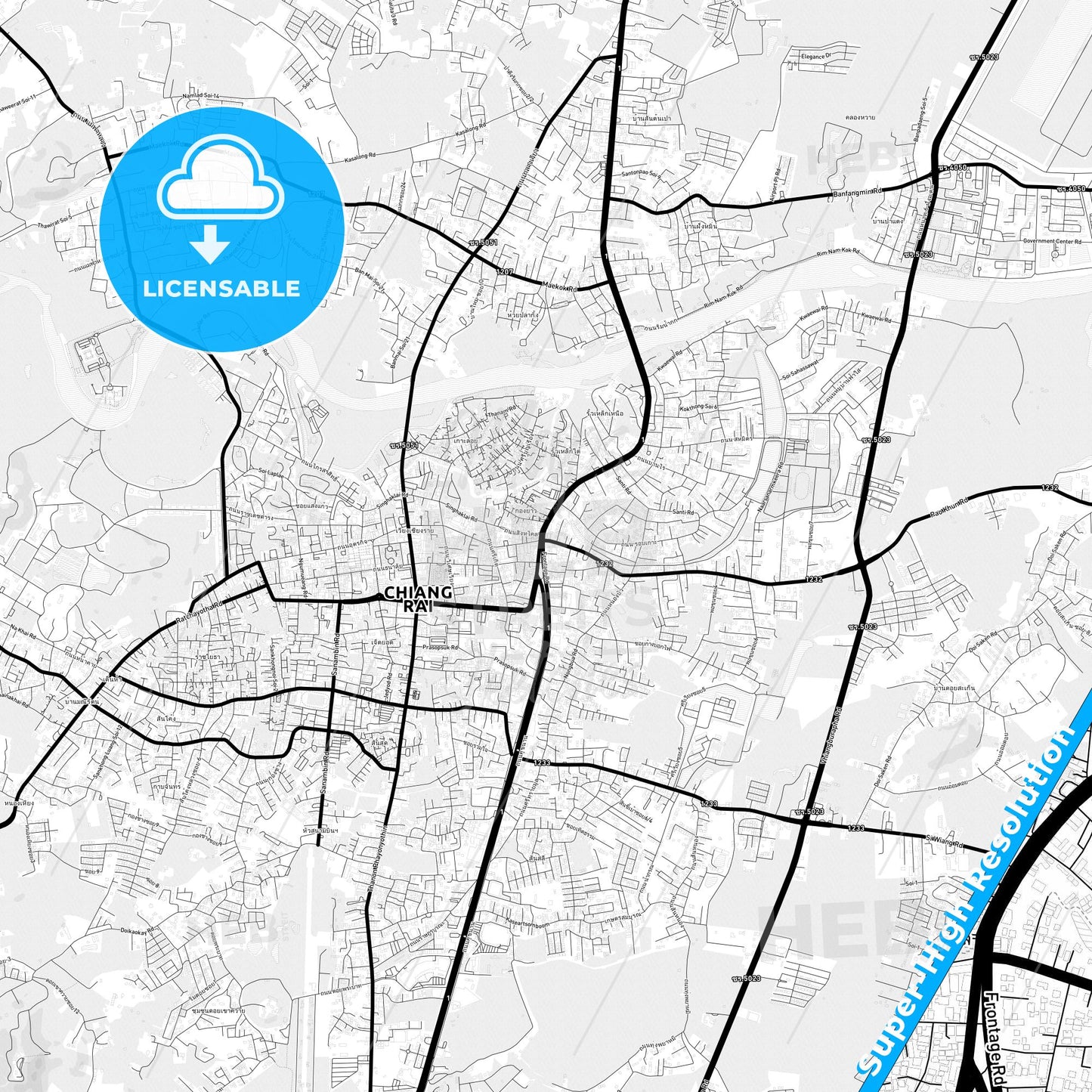 Chiang Rai, Thailand Light Map with Street Names, City Names, and Districts