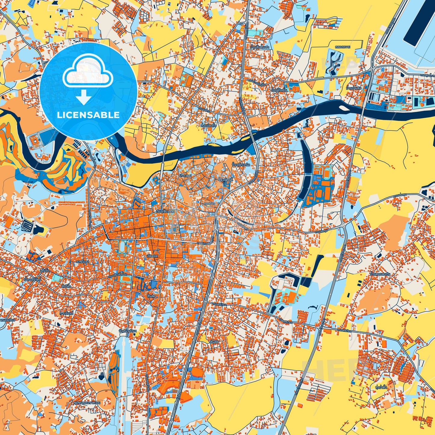 Colorful Chiang Rai Street Map with Labels and Buildings