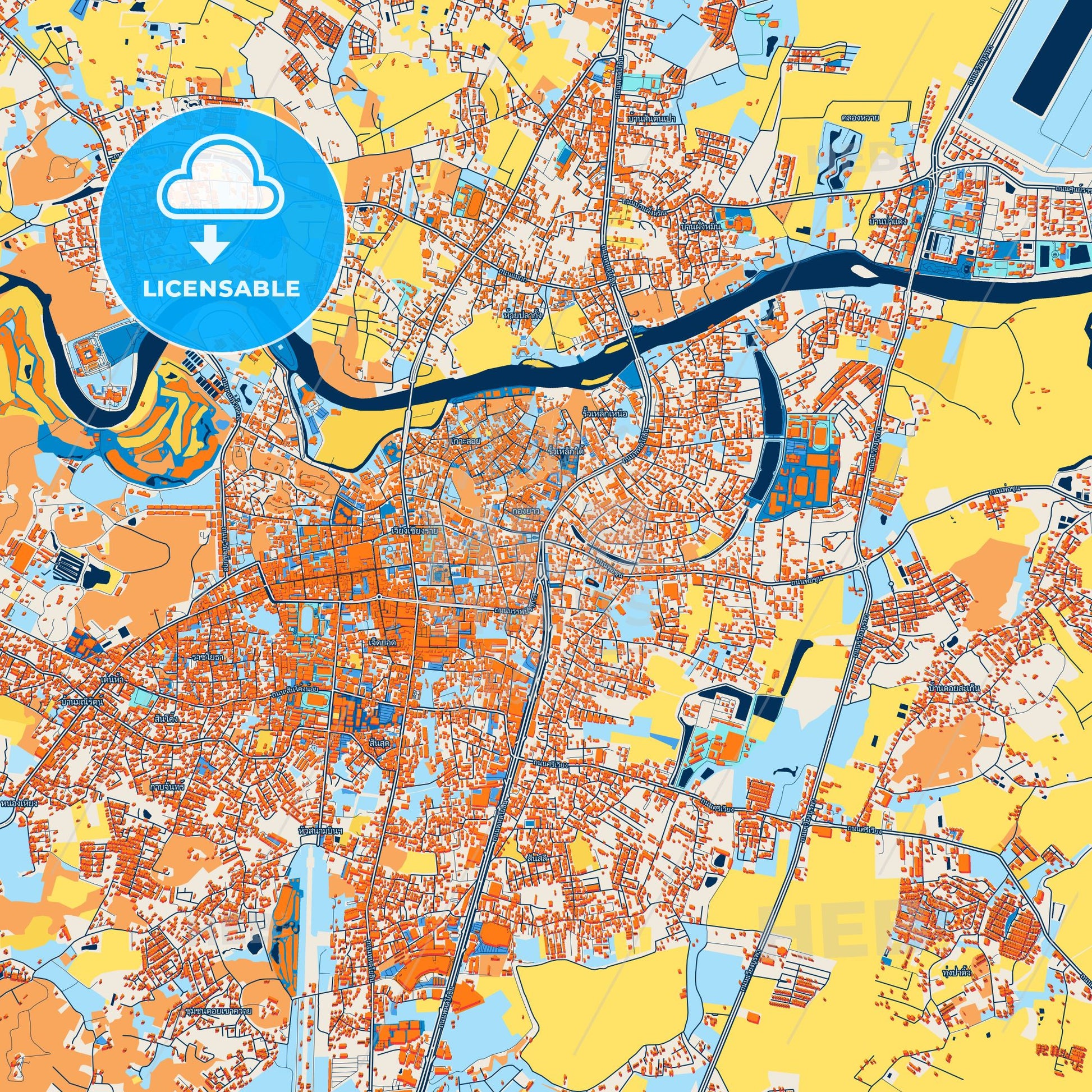 Colorful Chiang Rai Street Map with Labels and Buildings