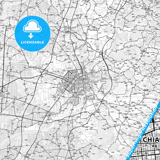Chiayi, Taiwan light map with streetnames, citynames and districts