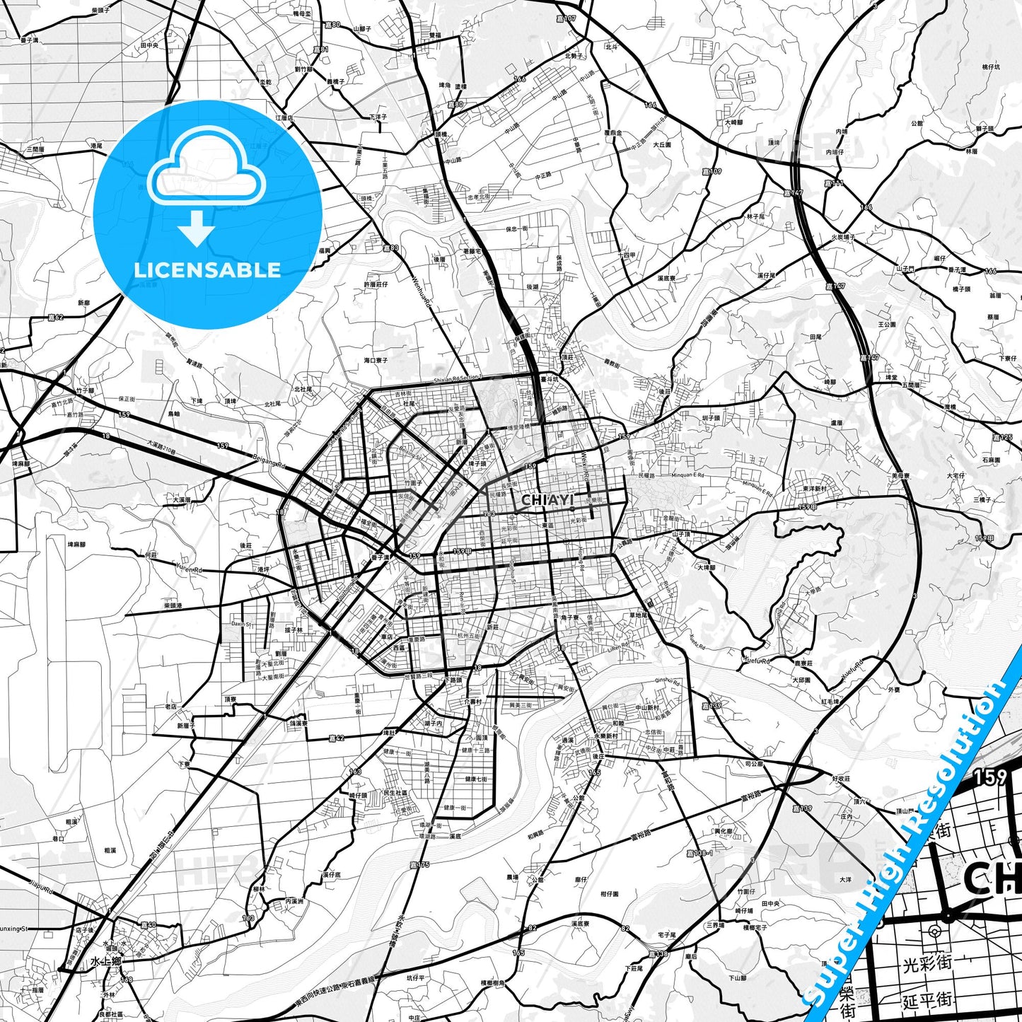 Chiayi, Taiwan Light Map with Street Names, City Names, and Districts