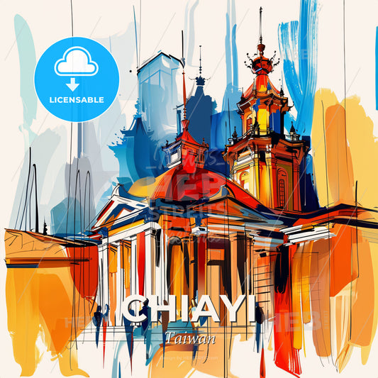 Vibrant Chiayi, Taiwan - A Painting Of A Building With A Red Dome - Square format print template