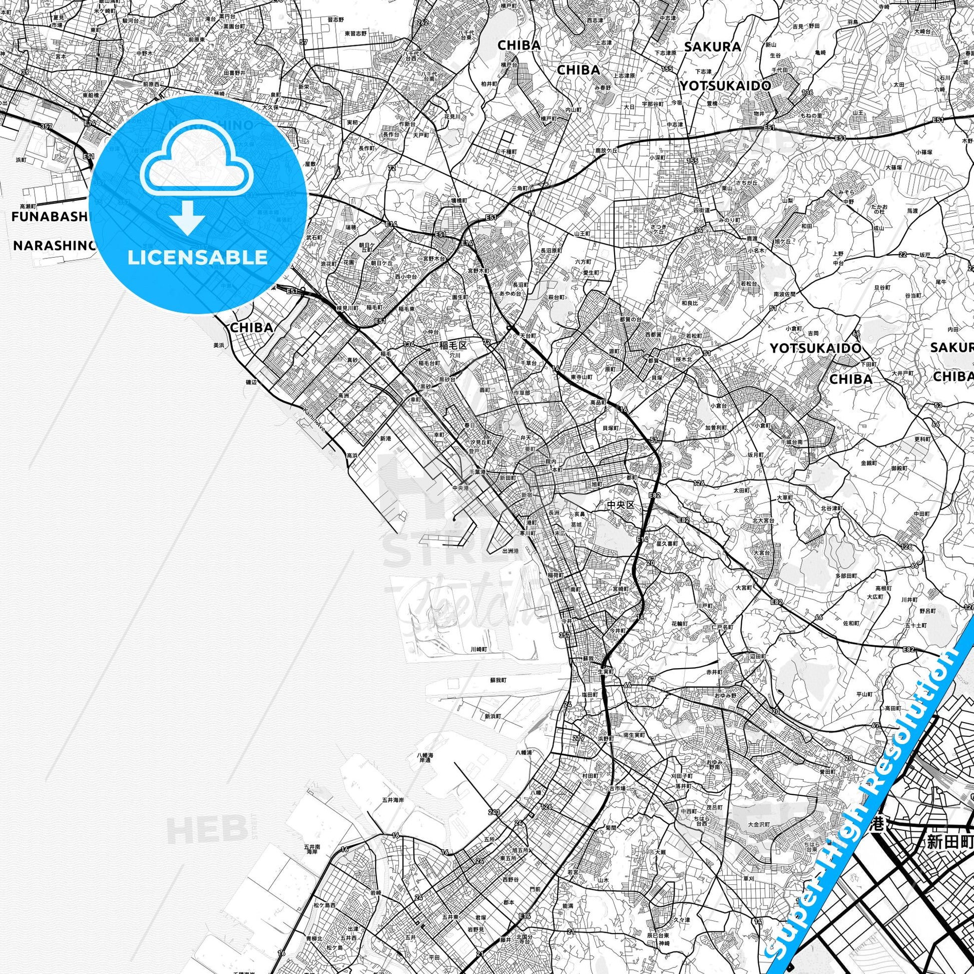 Chiba, Japan light map with streetnames, citynames and districts