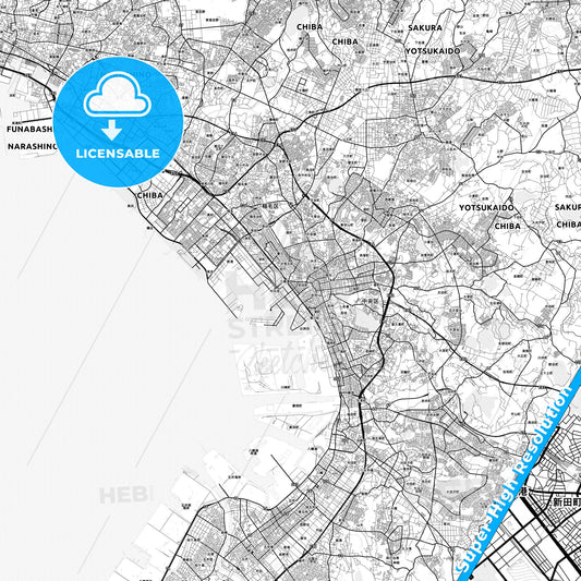 Chiba, Japan light map with streetnames, citynames and districts