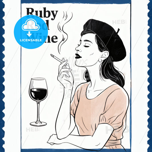 Chic Elegance: Minimalist Line Art of a Woman in Beret, Cigarette & Wine