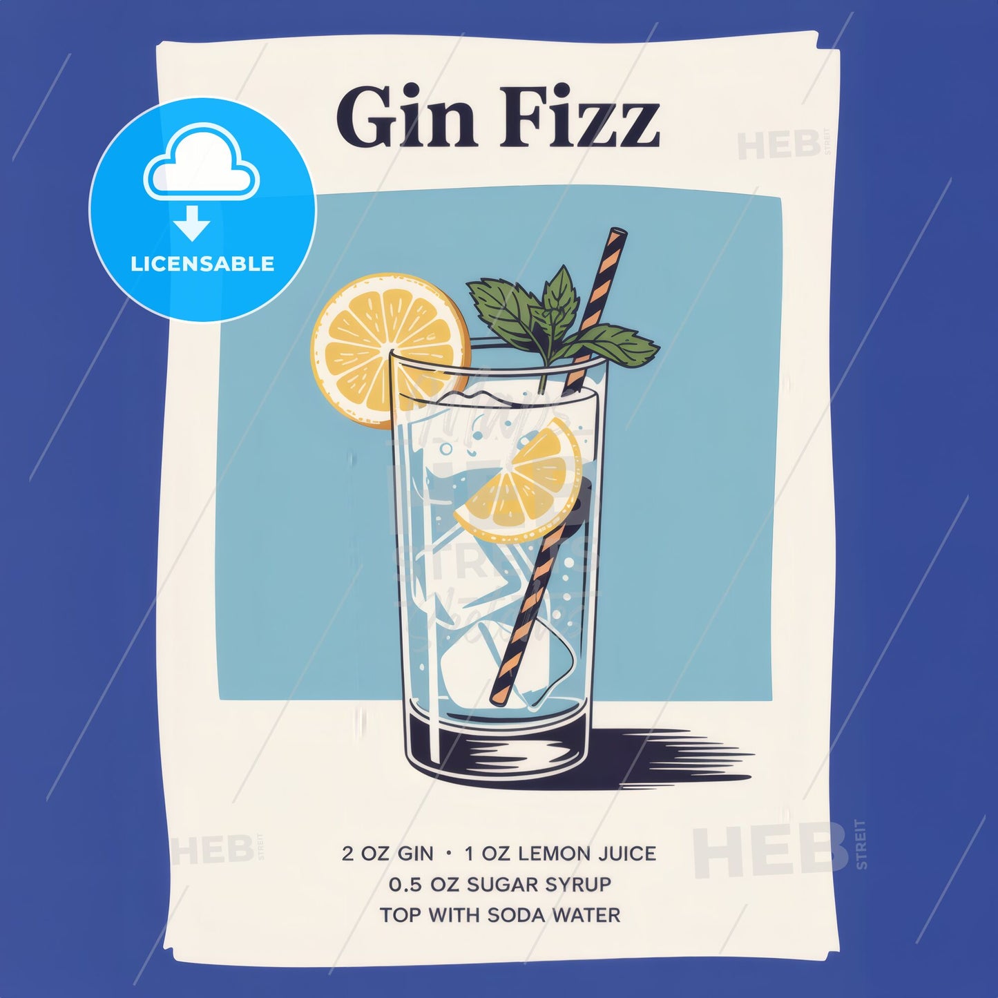 Chic Gin Fizz Cocktail Art: Stylish Recipe Print with Teal Background & Garnishes