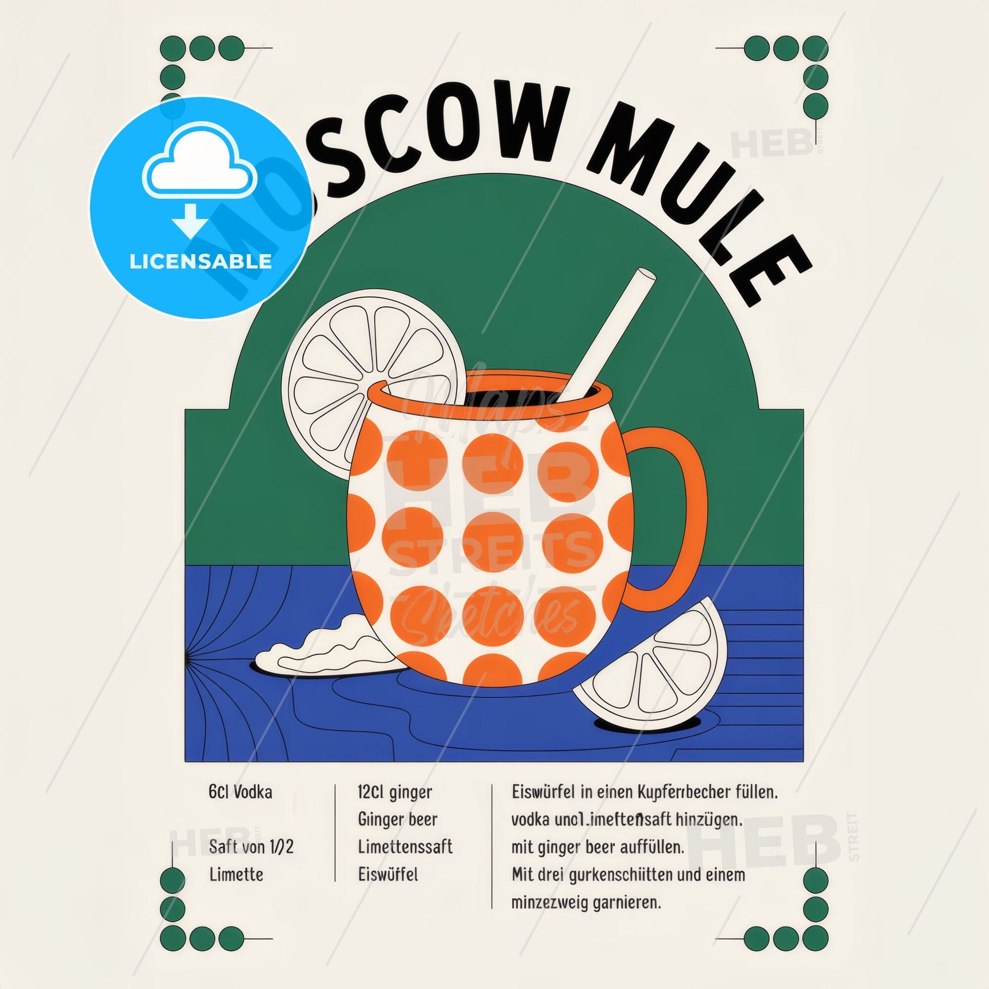 Chic Retro Moscow Mule Cocktail Print - Minimalist Green Copper Mug Art