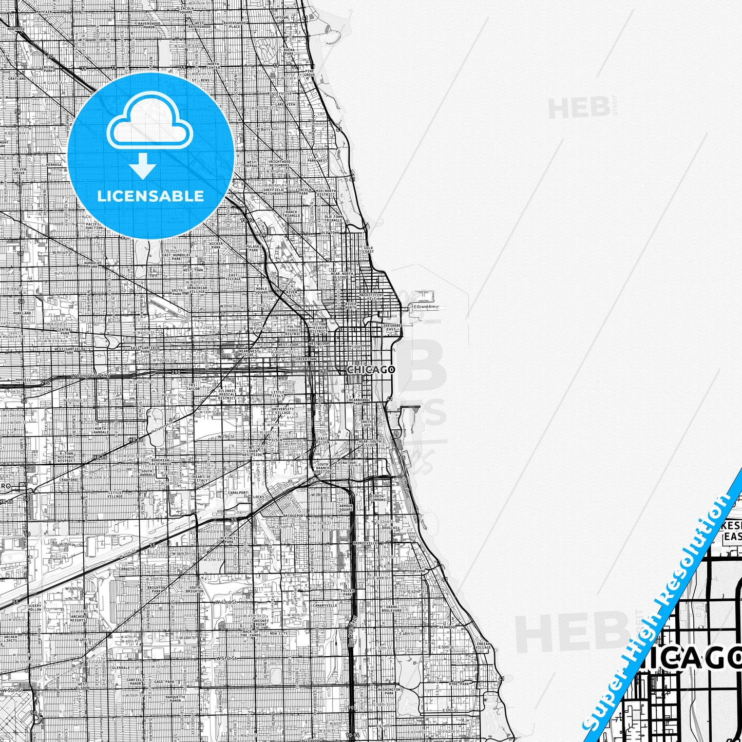 Chicago, Illinois light map with streetnames, citynames and districts