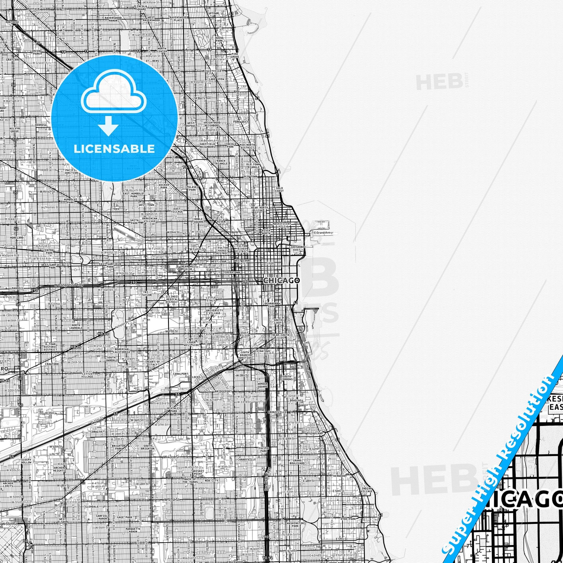 Chicago, Illinois light map with streetnames, citynames and districts