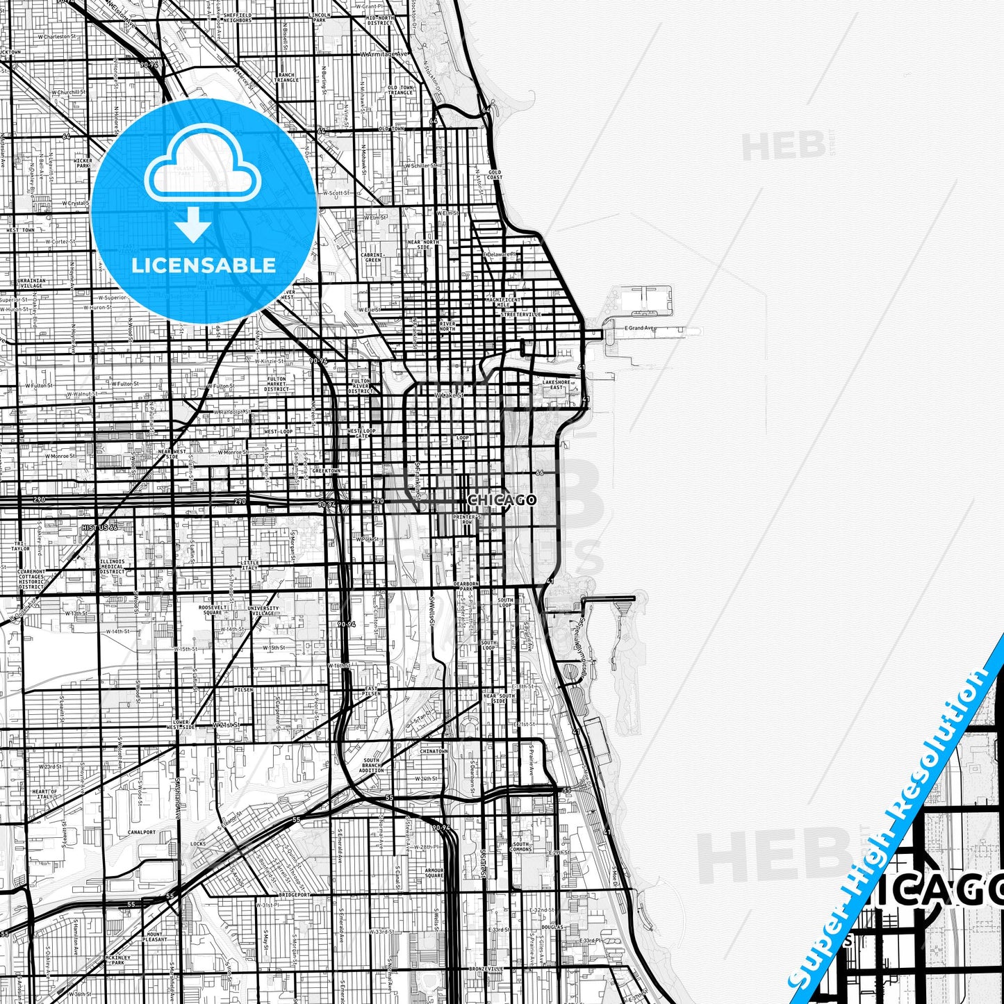 Chicago, Illinois Light Map with Street Names, City Names, and Districts