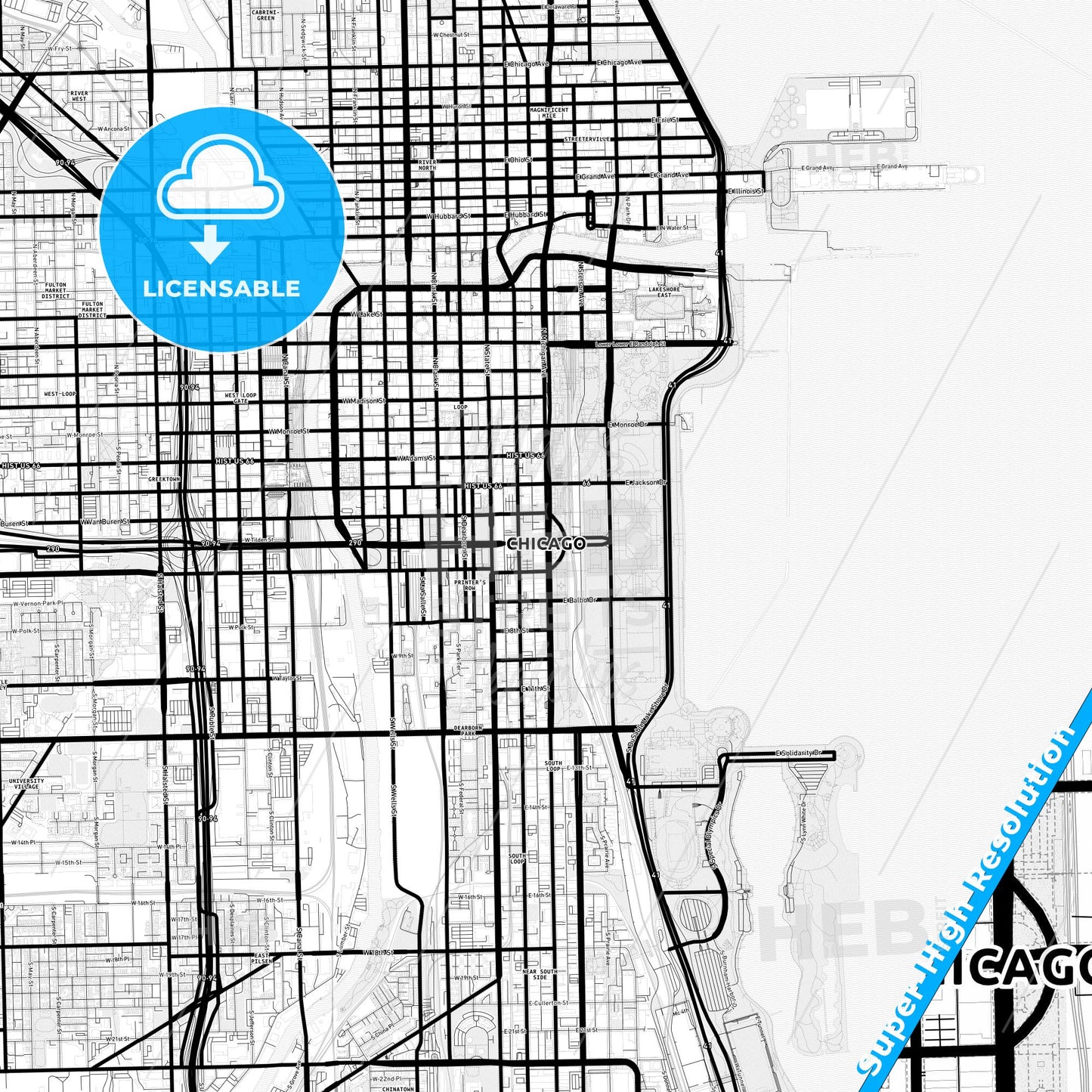 Chicago, Illinois Light Map with Street Names, City Names, and Districts