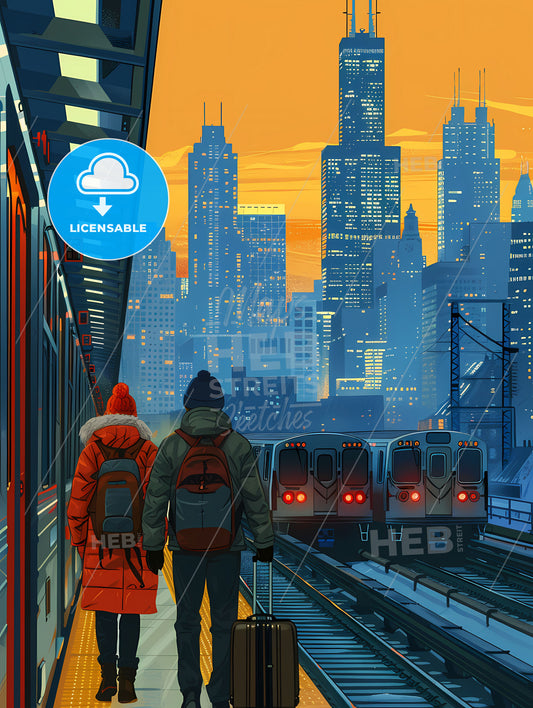 Abstract Urban Art Depicting People on Train Platform Amidst City Skyline