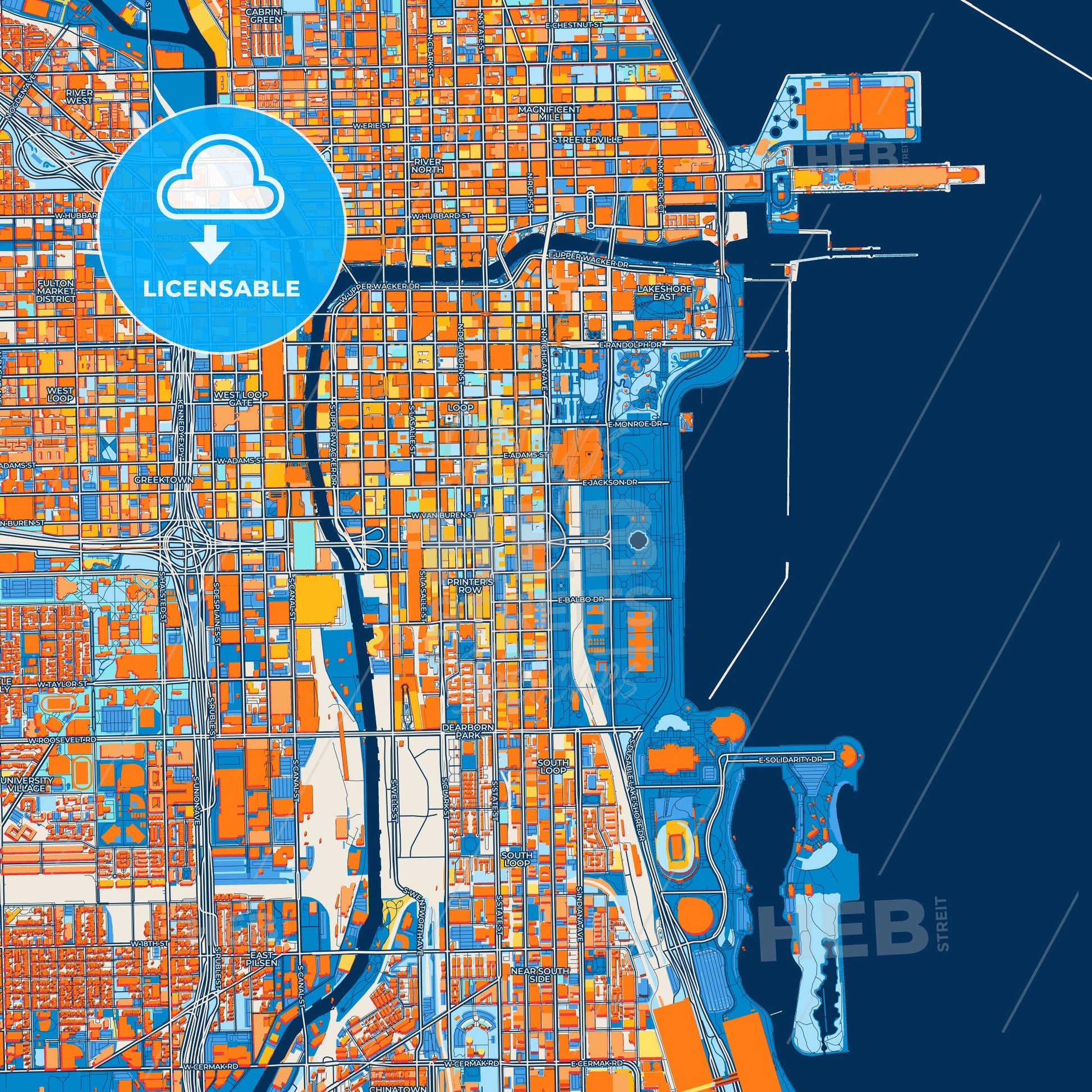 Colorful Chicago Street Map with Labels and Buildings