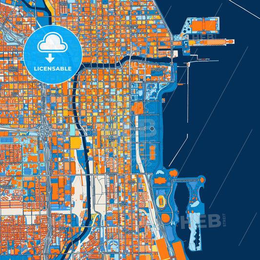 Colorful Chicago Street Map with Labels and Buildings