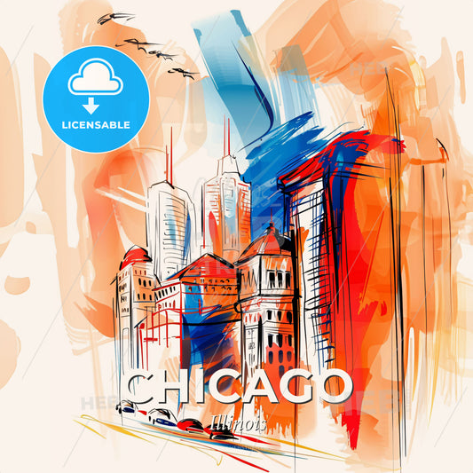 Vibrant Chicago, Illinois - A Drawing Of A City - Square format print template