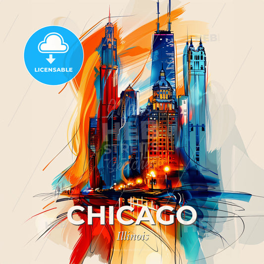 Vibrant Chicago, Illinois - A Colorful Cityscape With Many Tall Buildings - Square format print template