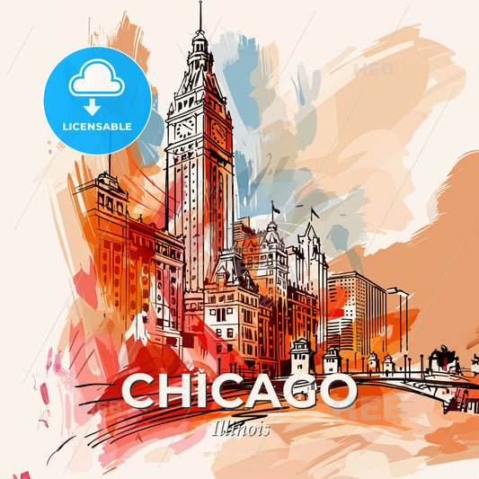 Vibrant Chicago, Illinois - A Drawing Of A City - Square format print template