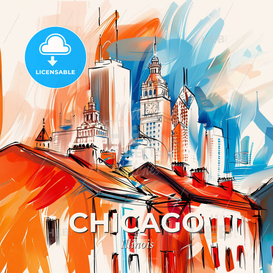 Vibrant Chicago, Illinois - A Drawing Of A City - Square format print template