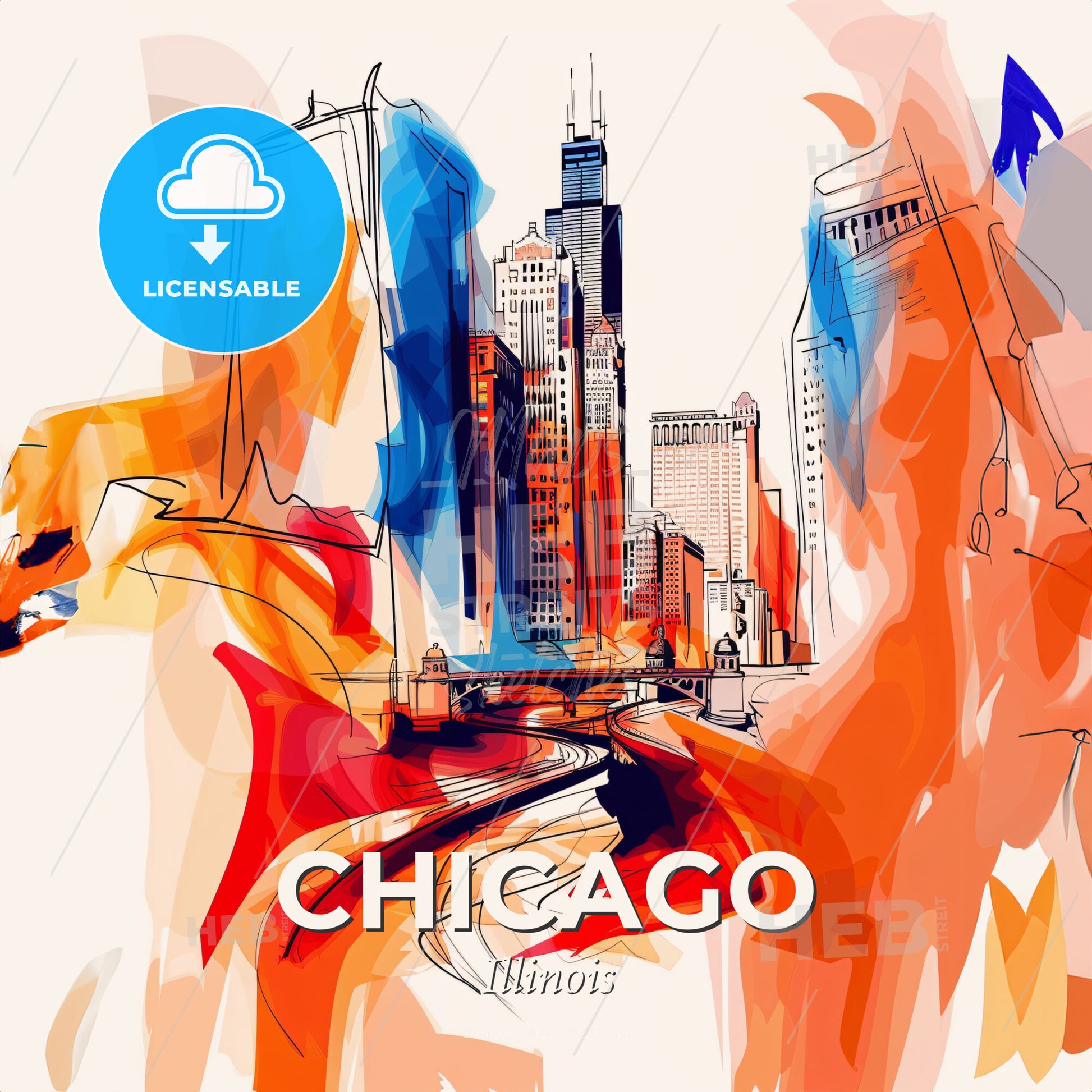Vibrant Chicago, Illinois - A Colorful Cityscape With A Bridge - Square format print template